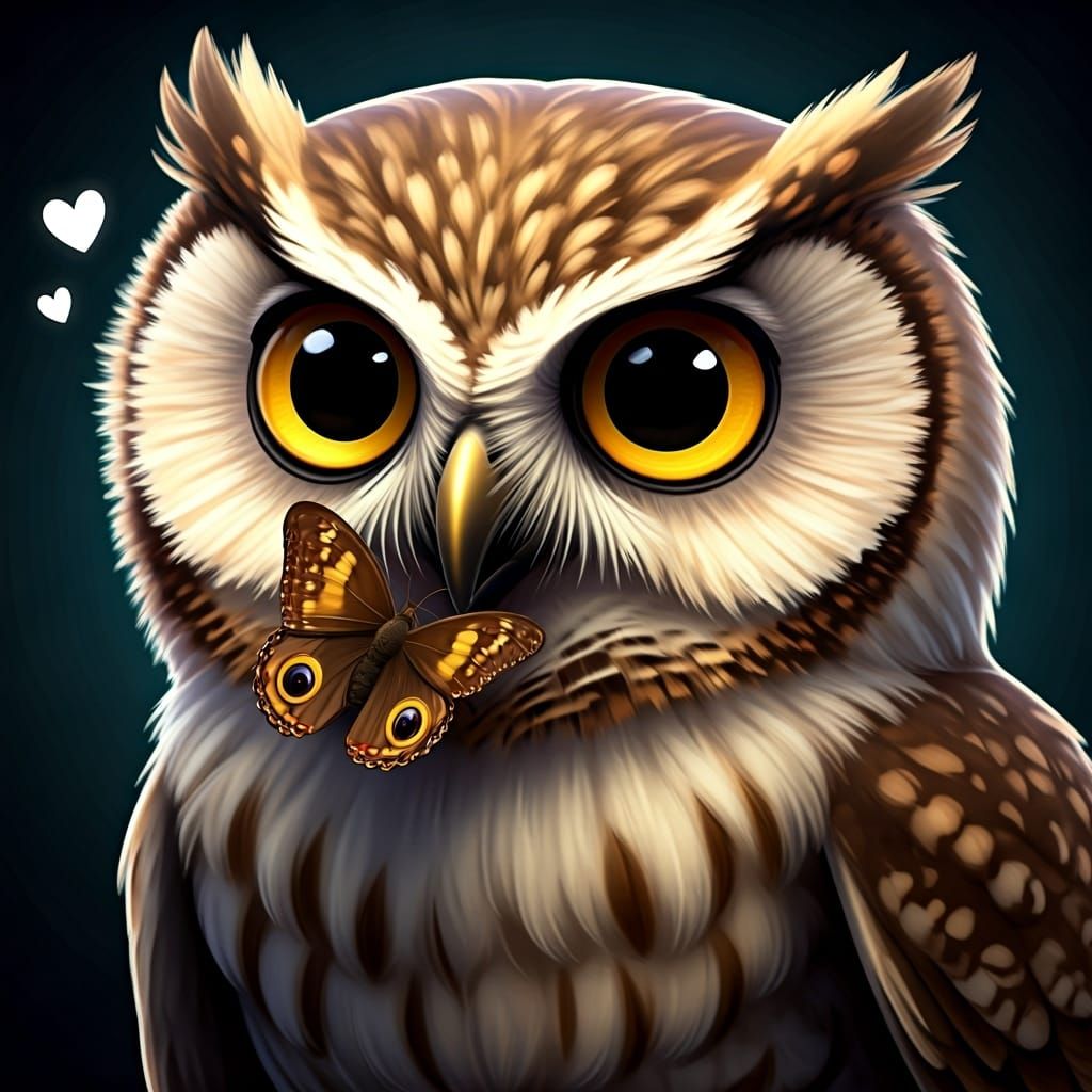 Owl Holds Butterfly with Love, Digital Art