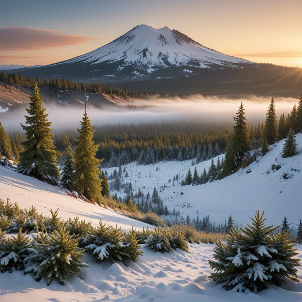 Majestic Mt Bachelor Mountain in Golden Hour Light