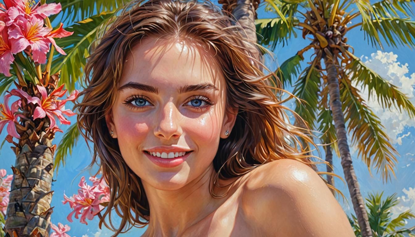 Beautiful Woman with Palms, Flowers, in Oil Painting Style