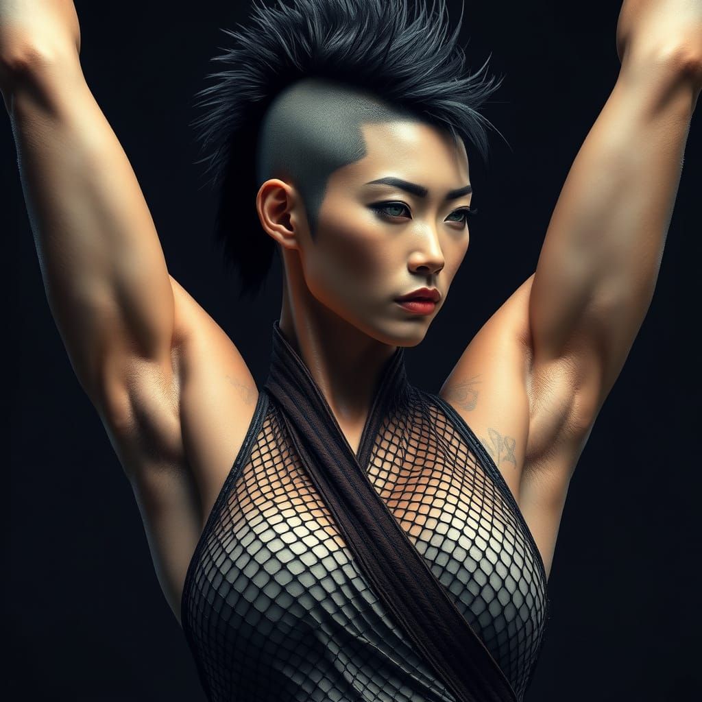 Elegant Japanese Ninja Woman in Intricate Fishnet Garb