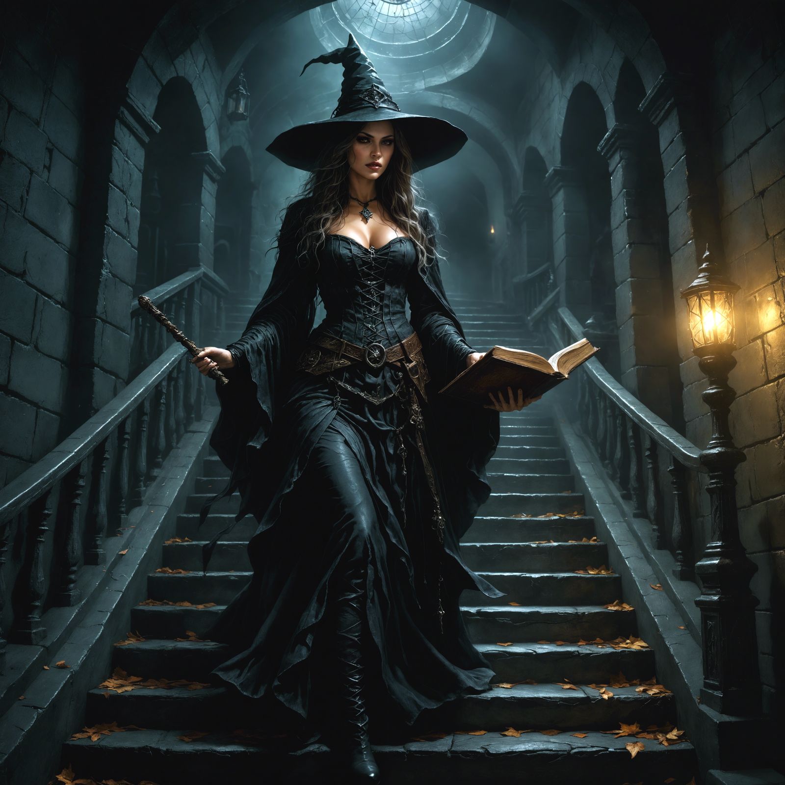 Mysterious Witch Descends Dark Staircase in Comic Style