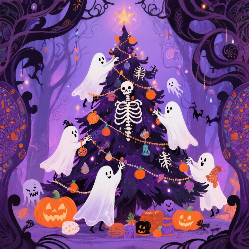 Whimsical Ghosts Decorate Skeletal Tree in Art Nouveau Style