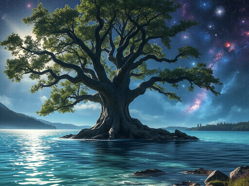 Ancient Oak by Mystical Lake Under Nebula Sky