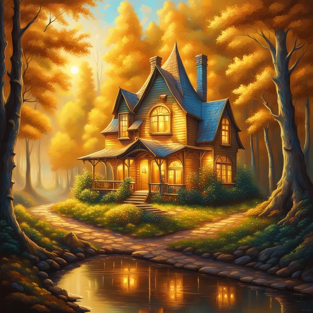 Enchanted House in Woods: Diamond Painting