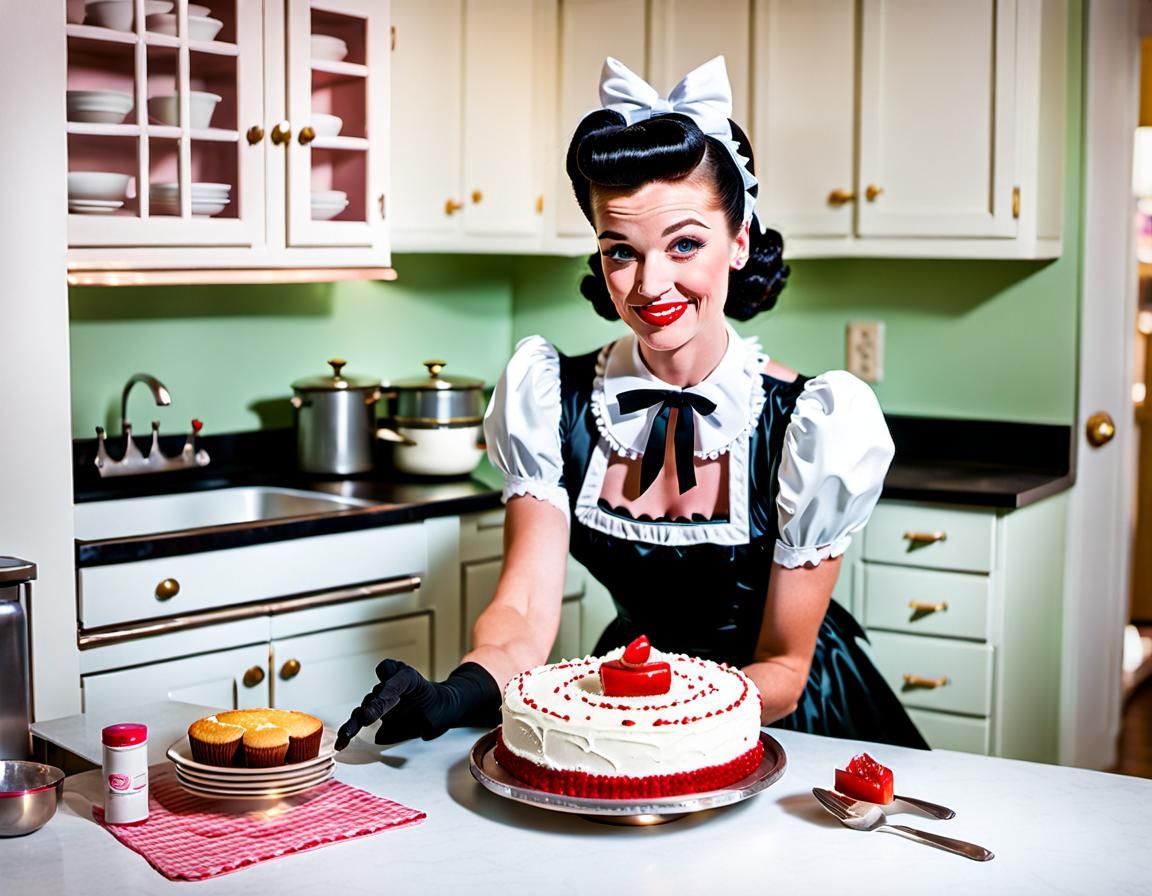 French Maid Baking Cake: Pin-Up Style Art