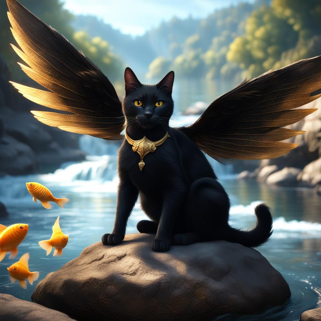 Winged Black Cat in Fantasy Landscape