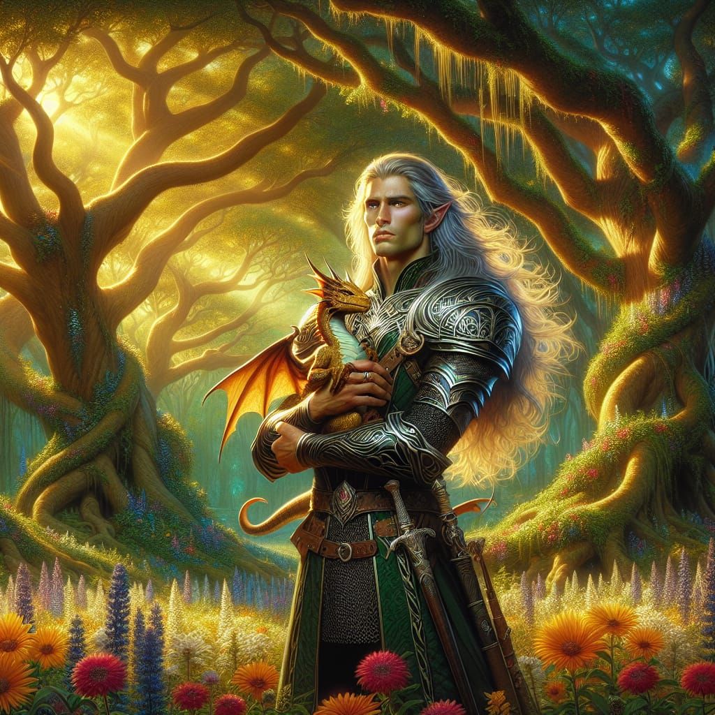 A handsome male elf ranger with flowing silver hair, clad in intricately crafted elven armor, stands in a sunlit glade, ...
