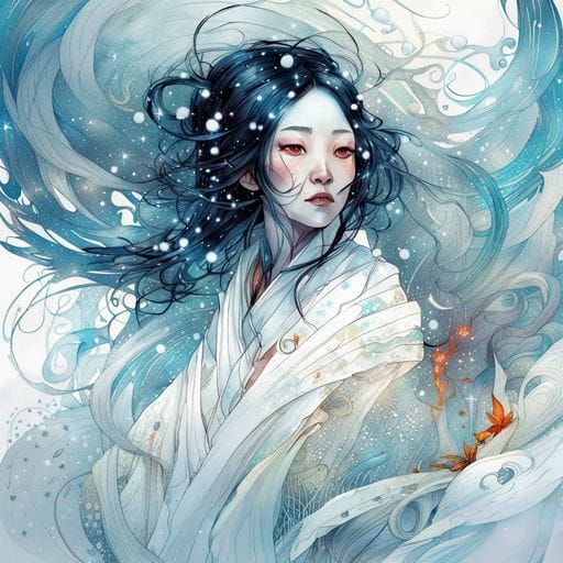 Icy Yuki Onna in Flowing Ink Art Style