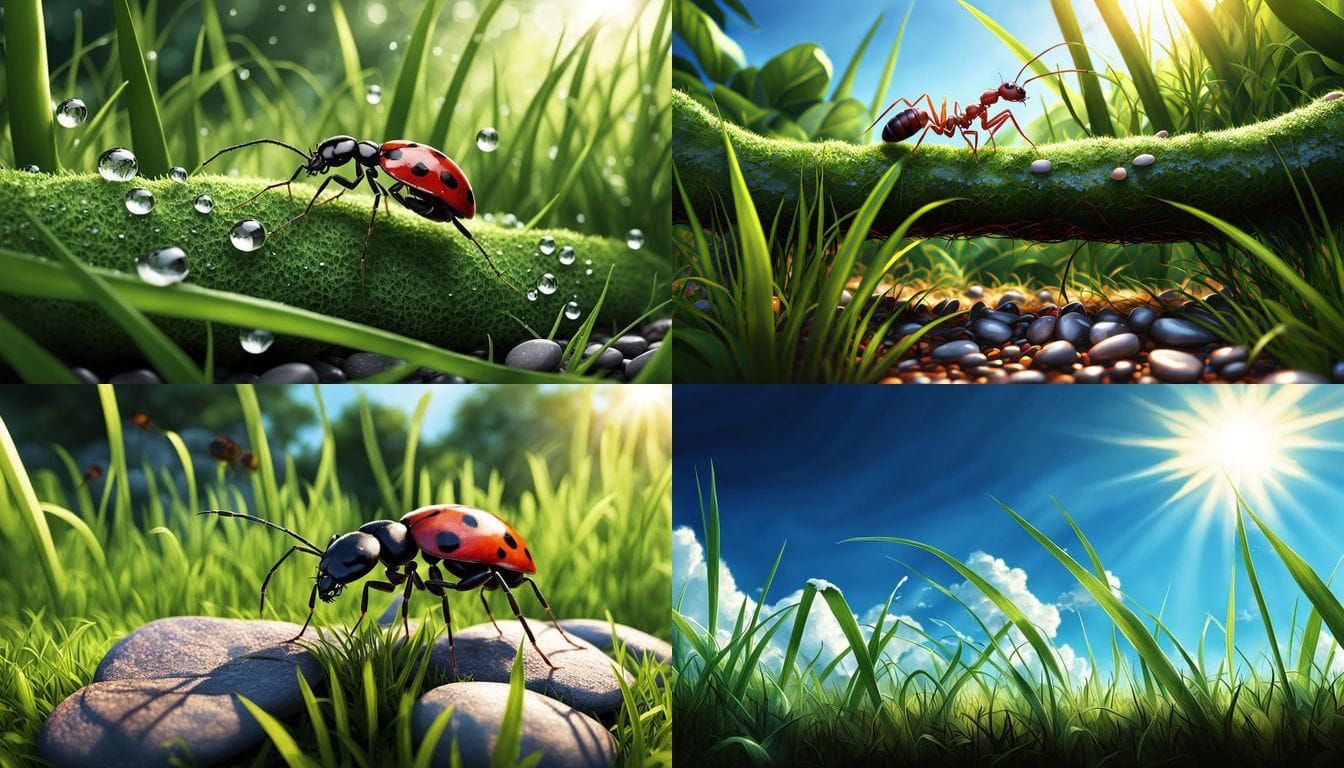 Microscopic Backyard Jungle with Towering Grasses and Mornin...