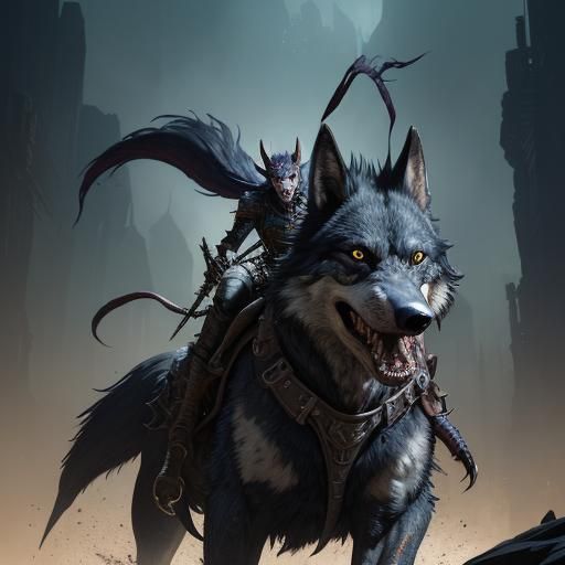 Goblin Rider on Mutant Wolf, Hyperdetailed Portrait