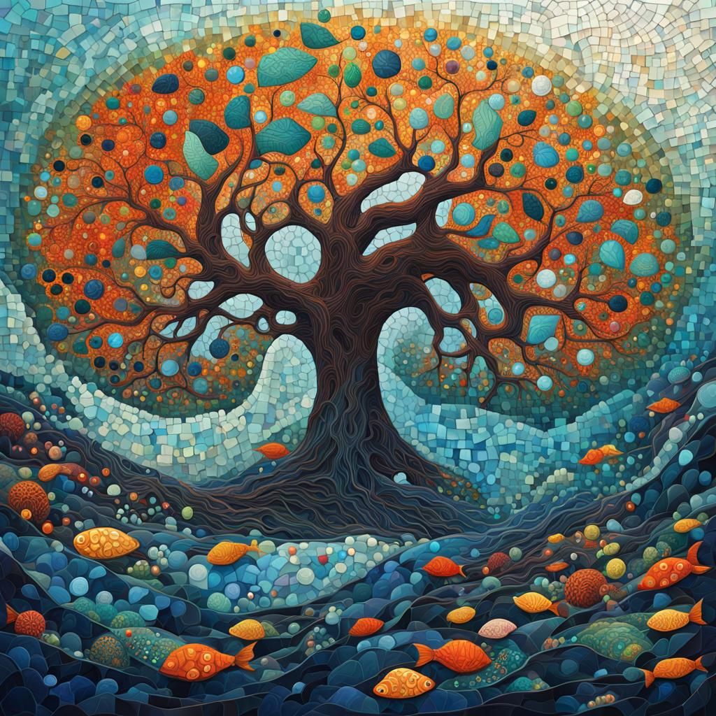 Mosaic Underwater Tree in Geometric Abstract Style