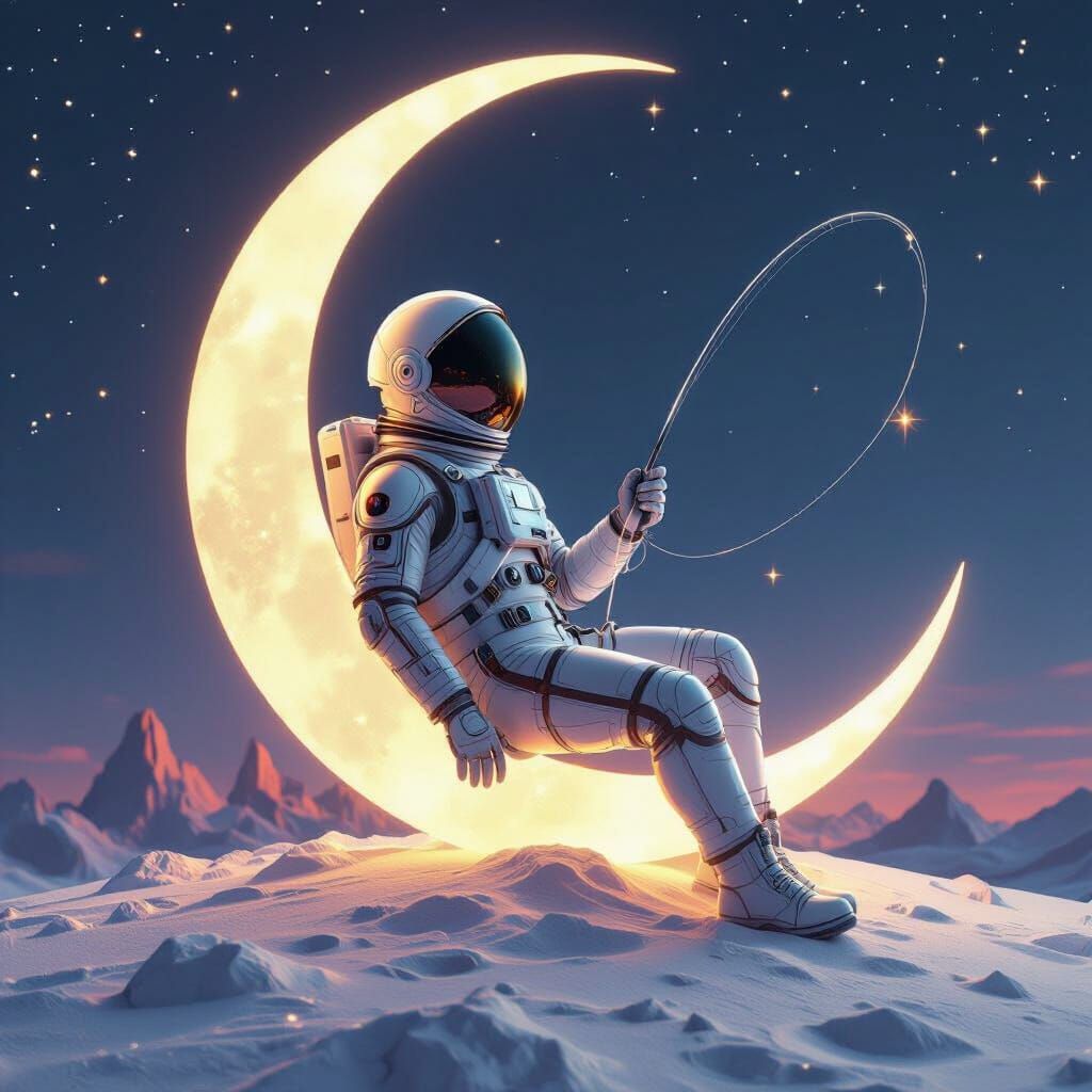 Astronaut Fishing for Stars on the Moon in 8K