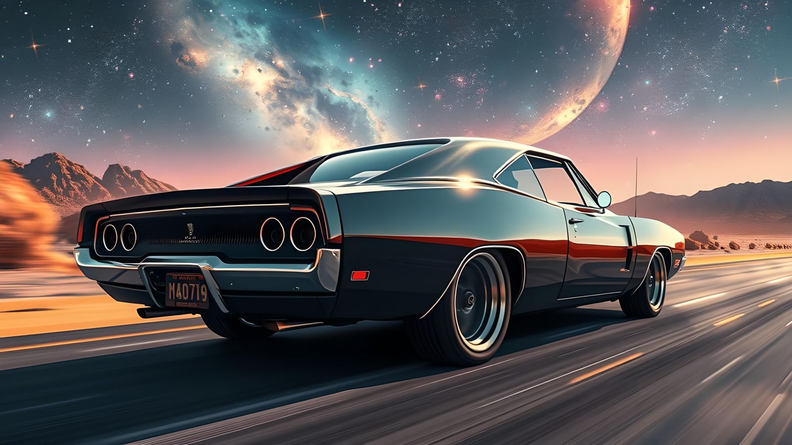 Cyberpunk Dodge Charger Reflecting Cosmic Nebula