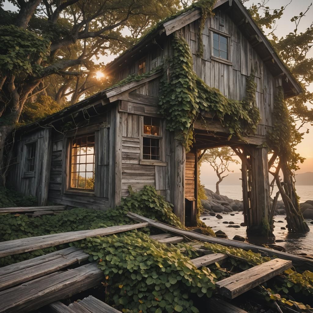 Rustic Coastal Boathouse at Sunset