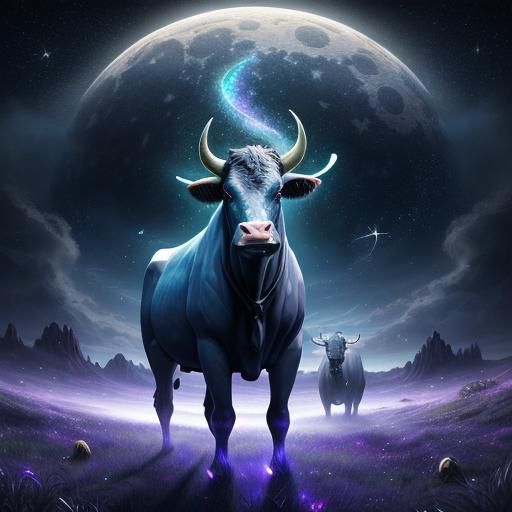 Dreamy Moonlit Cow in Surreal Starry Landscape