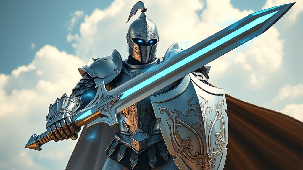 Glowing Knight in Chrome Armor Triumphs in Radiant Light