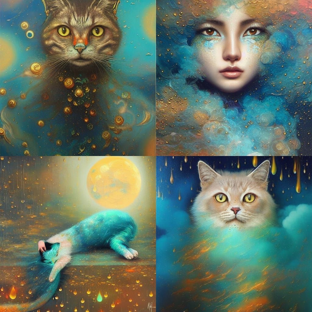 Moon cat, surrounded by rain, chemical explosion, puff of sm...