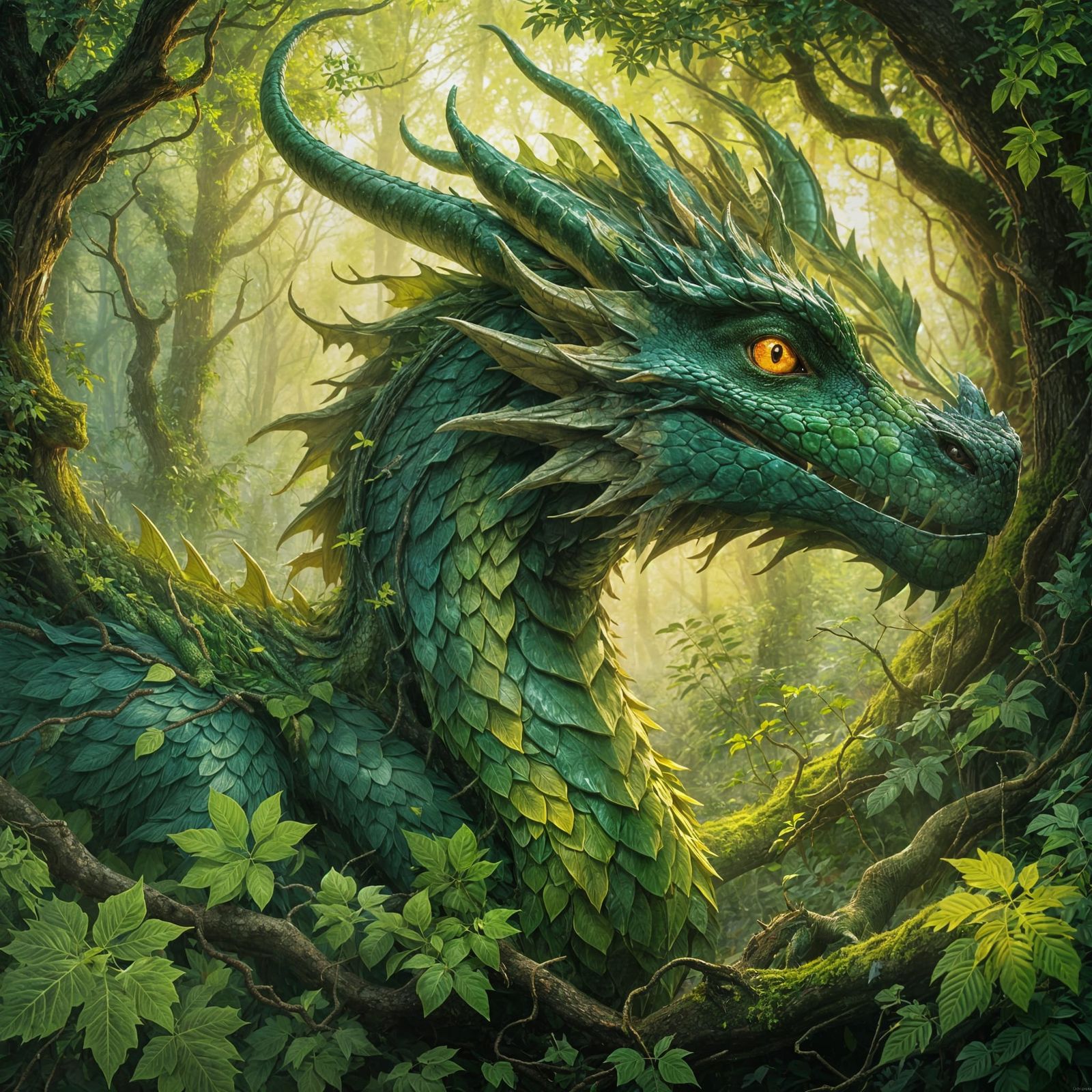 Forest Dragon with Emerald Scales and Leafy Wings