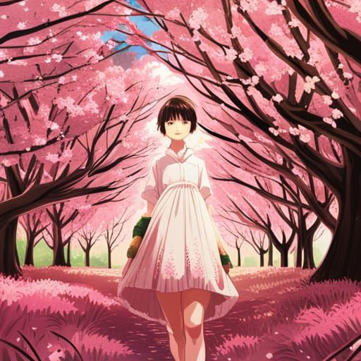 Anime Girl with Sakura Trees in Ghibli Style