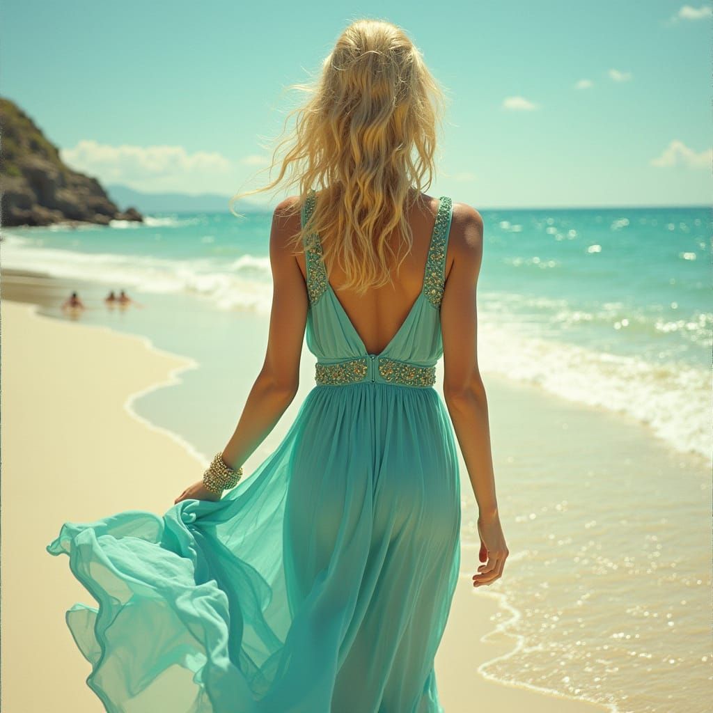 Blonde Woman on Beach in Art Nouveau Style