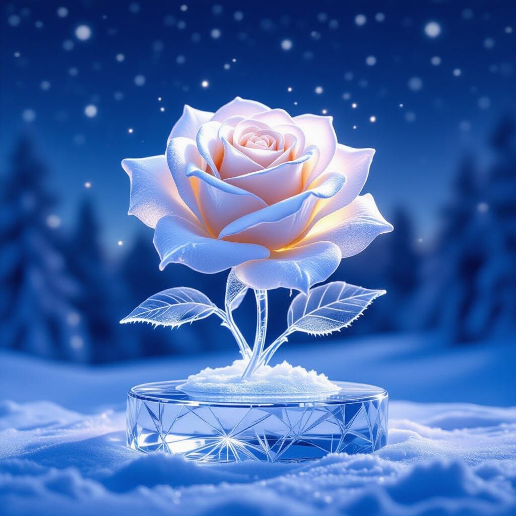 Frosty Spiderweb Rose Ice Sculpture in Starry Sky