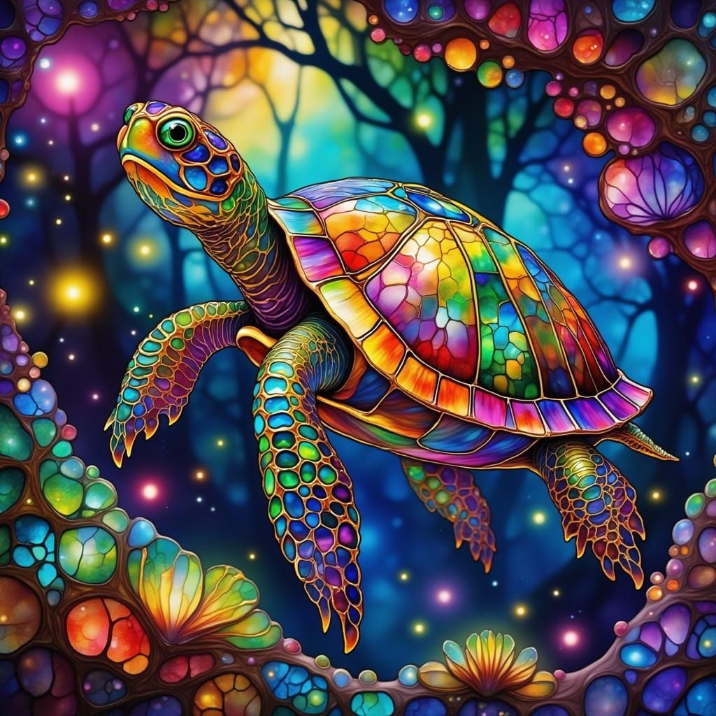 Luminescent Stained Glass Turtle in a Dreamlike, Cinematic L...