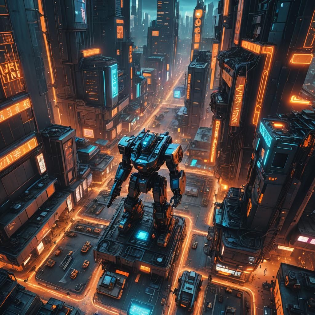 Cyberpunk Robots Battle in Dystopian Cityscape