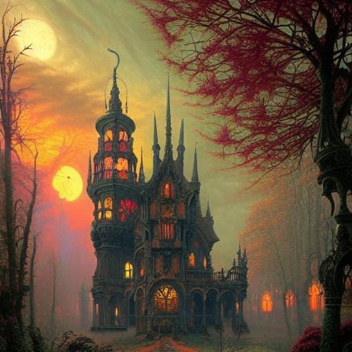 Creepy Gothic Palace in Forest: Aetherpunk Halloween