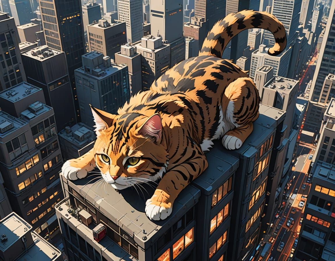 Colossal Tabby Cat Lounging Over City Towers in Anime Style
