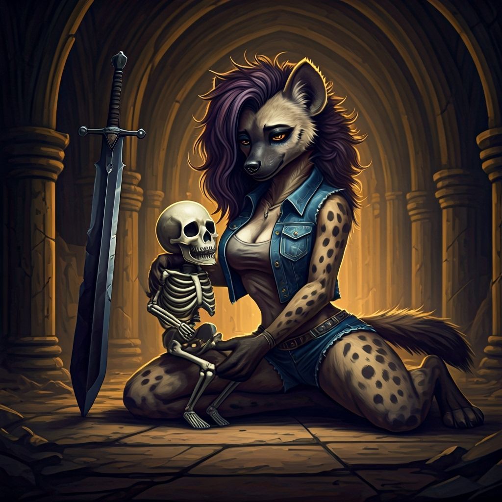 Hyena Comforts Skeleton Baby in Impasto Style