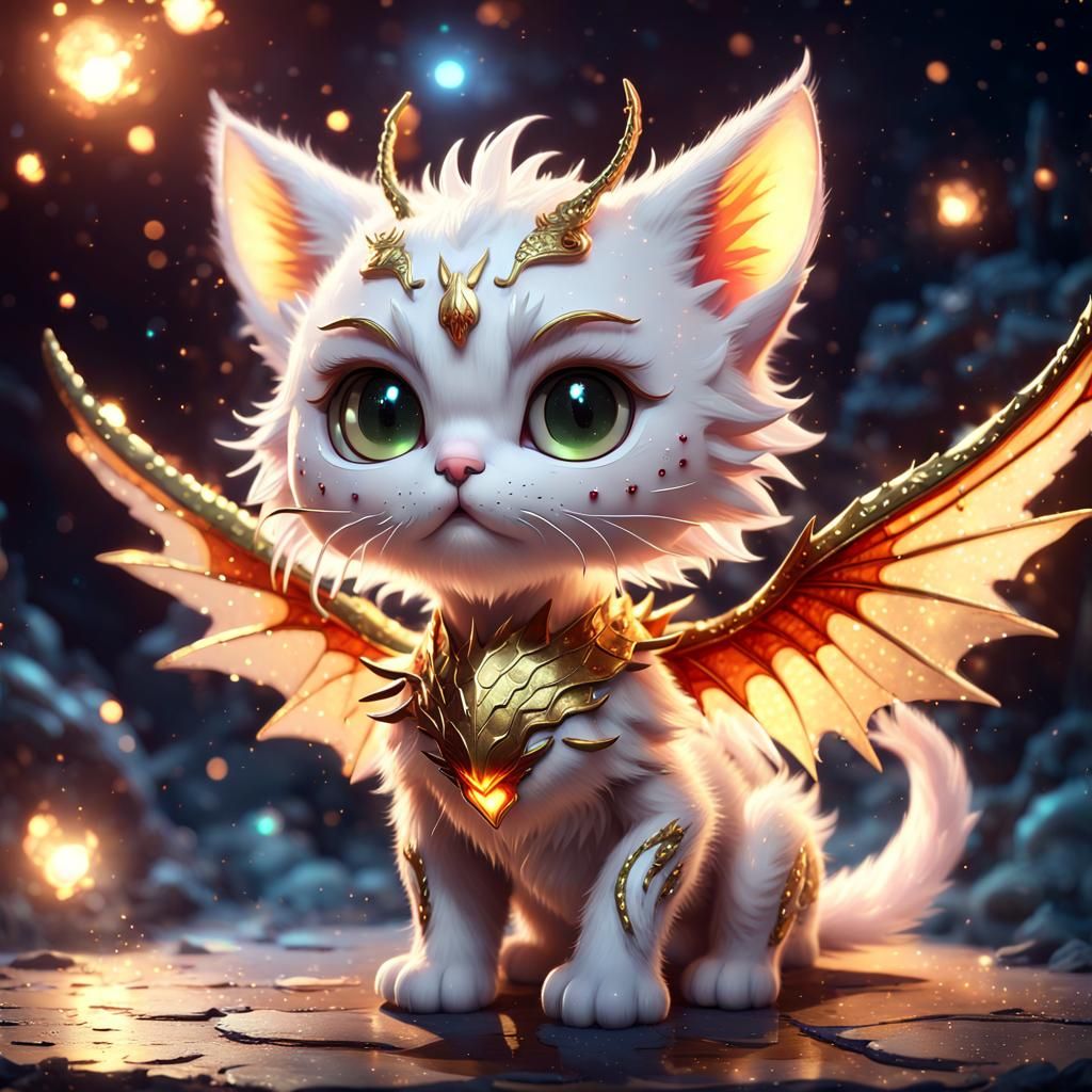 Chibi Dragon Cat with Sparkling Lights