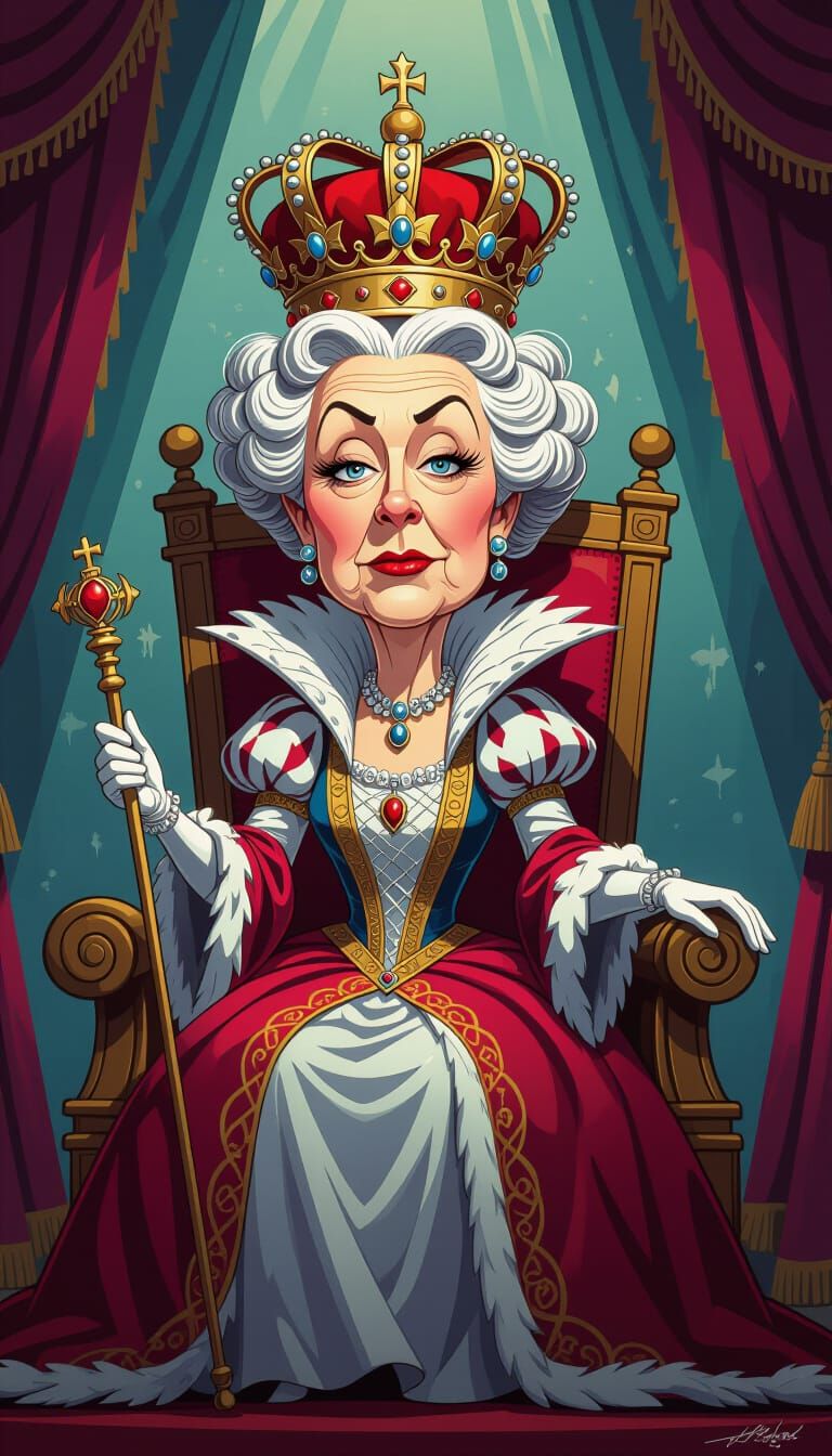 Regal Queen Caricature With Tall Crown and Voluminous Robes