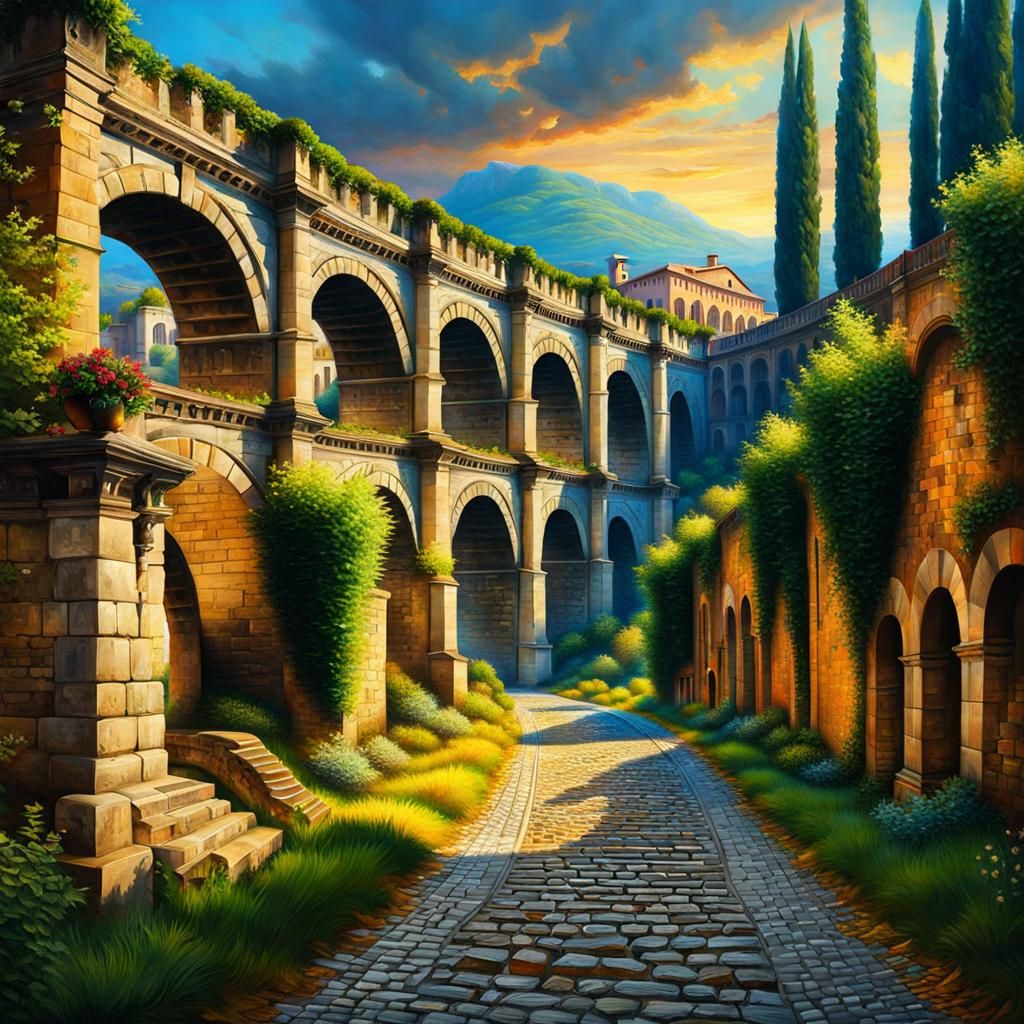 Majestic Roman Viaduct Over Ancient City, Digital Oil Painti...