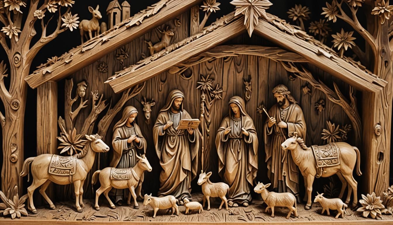 Detailed Wood Carving Nativity Scene in Earth Tones