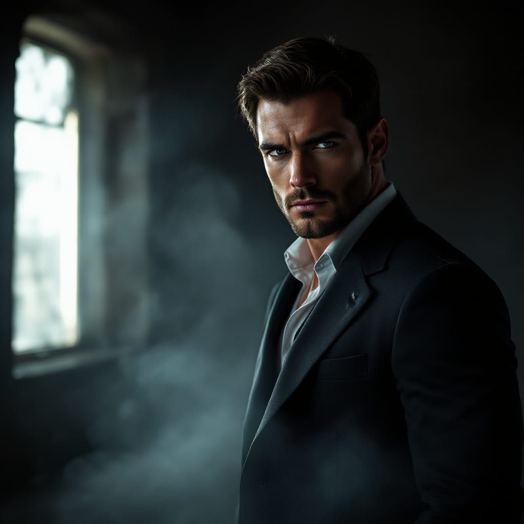 Confident Man in Dimly Lit Room, Inspired by Cinematic Style...