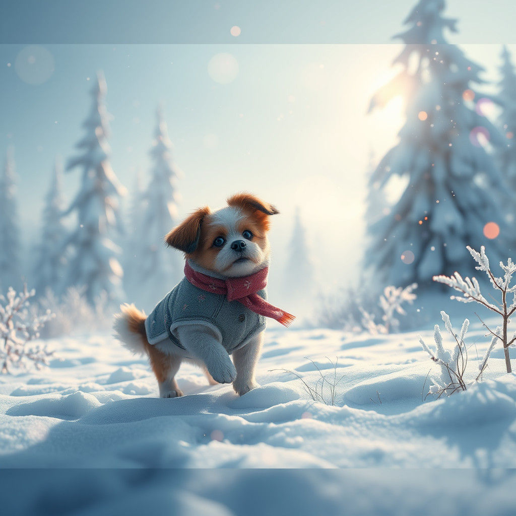 Dog's Winter Frolic in a Snowy Landscape