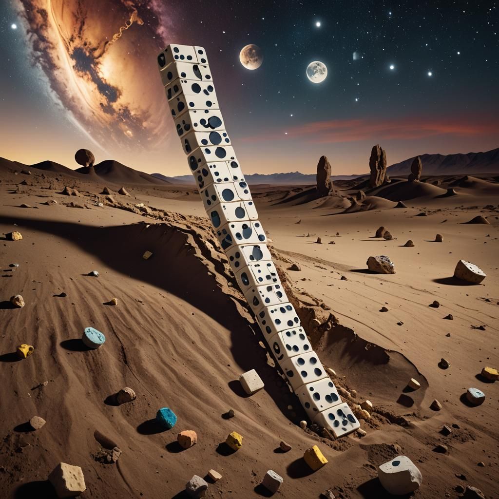 Surreal Domino Ladder to the Moon in Dreamscape