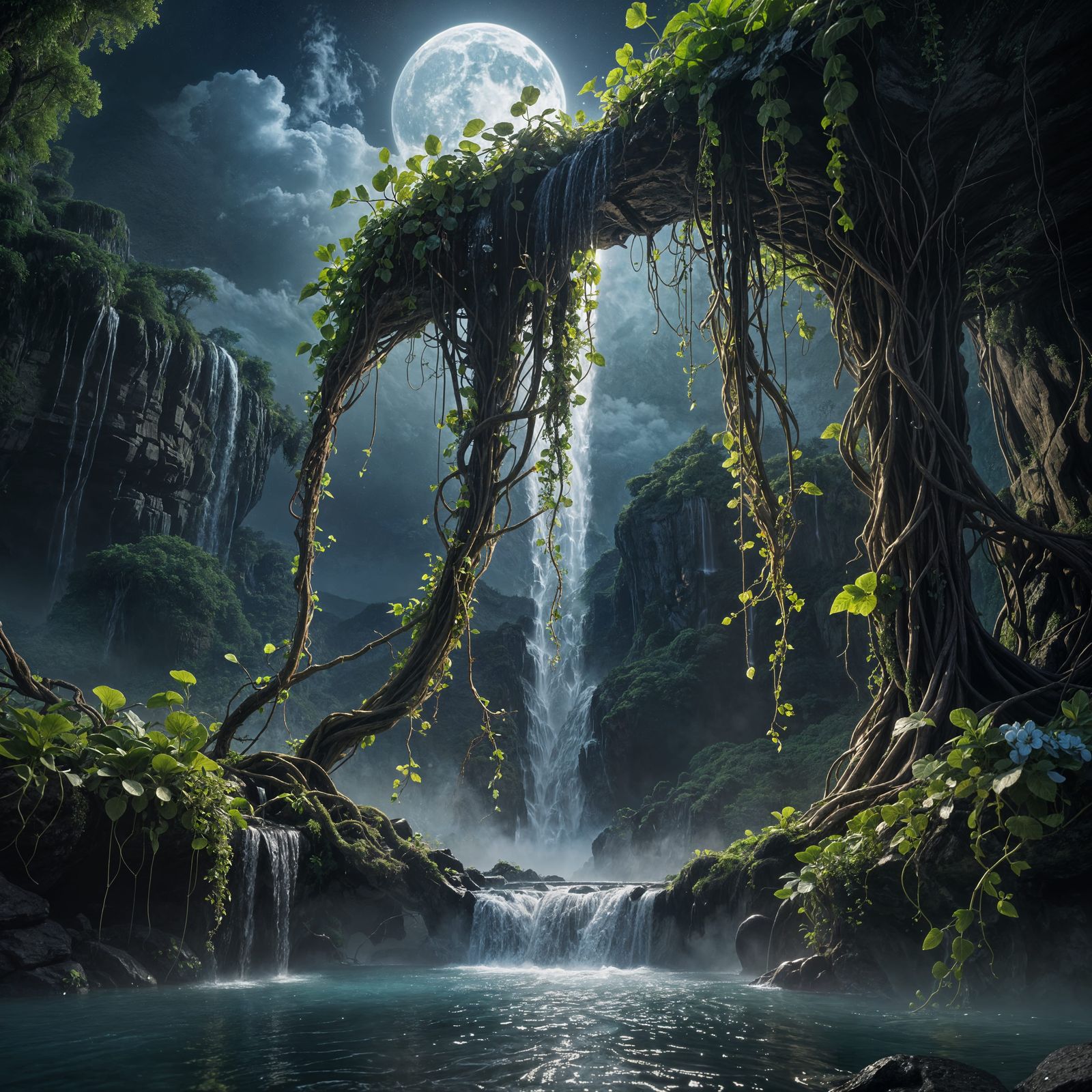 Moonlit Waterfalls and Flowering Vines in Detailed Matte Pai...