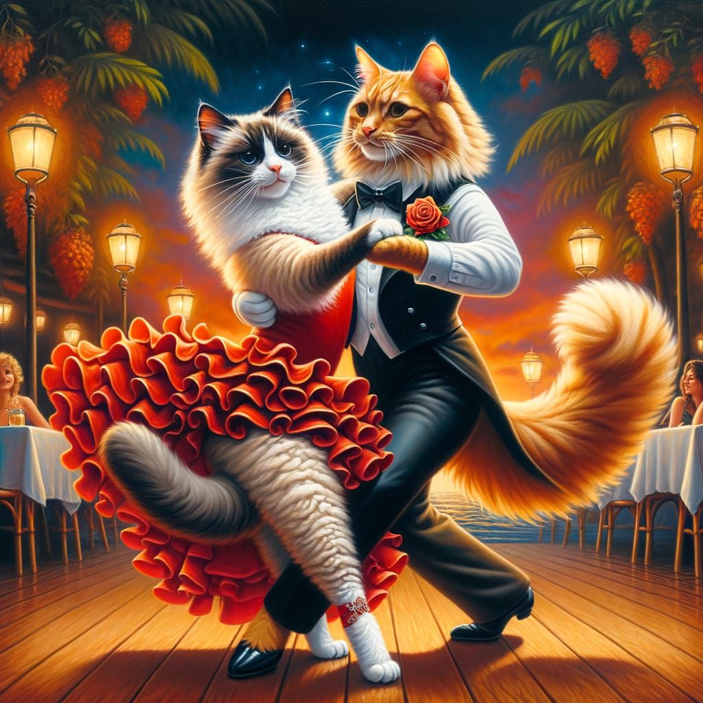 Elegant Felines Salsa Dance in Whimsical Oil Painting