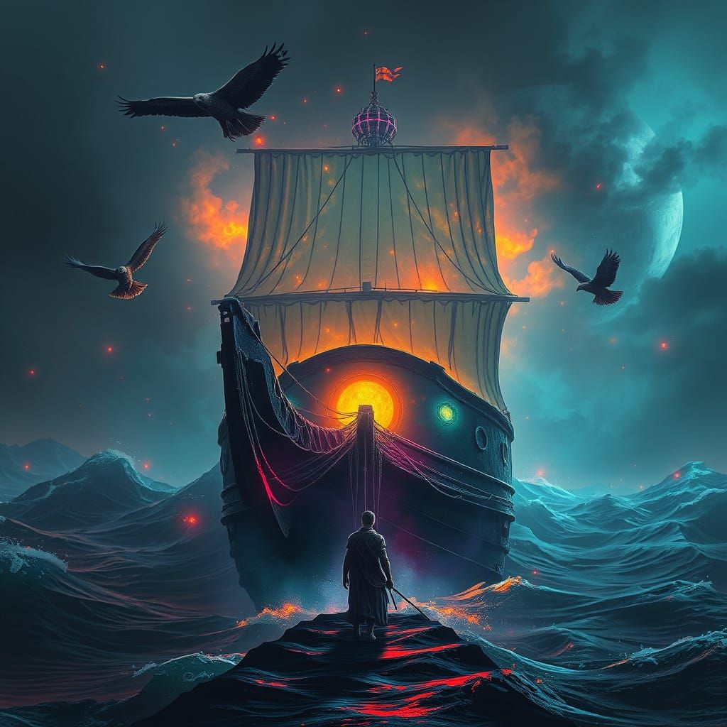 Distressed Figure in Ancient Ship, Beset by Ominous Vultures...