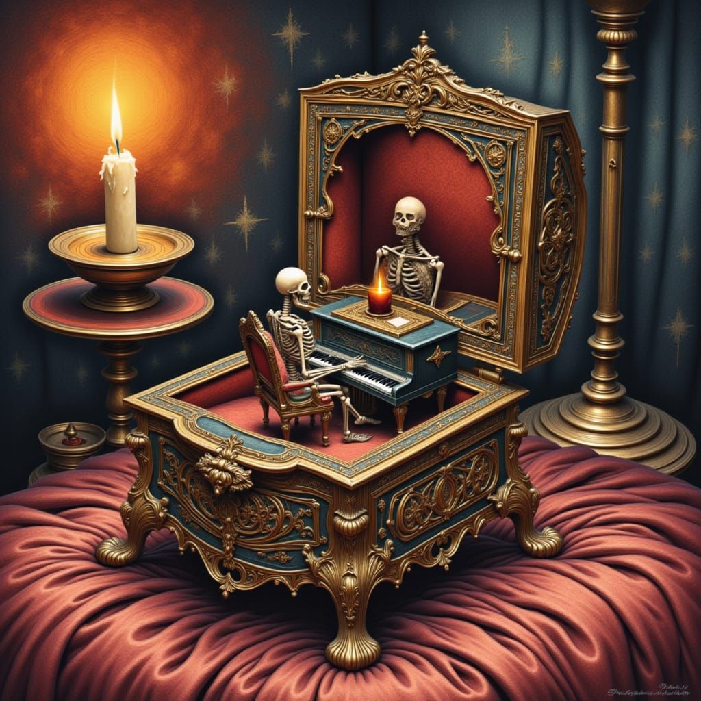 Mysterious Gothic Music Box with Skeleton Pianist