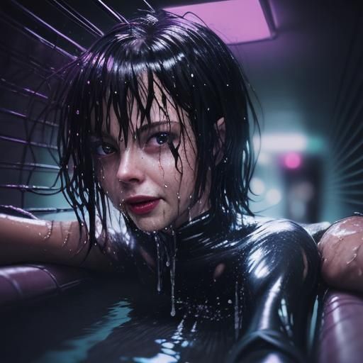 Solitary Figure in Dark, Wet, and Glossy Ambiance