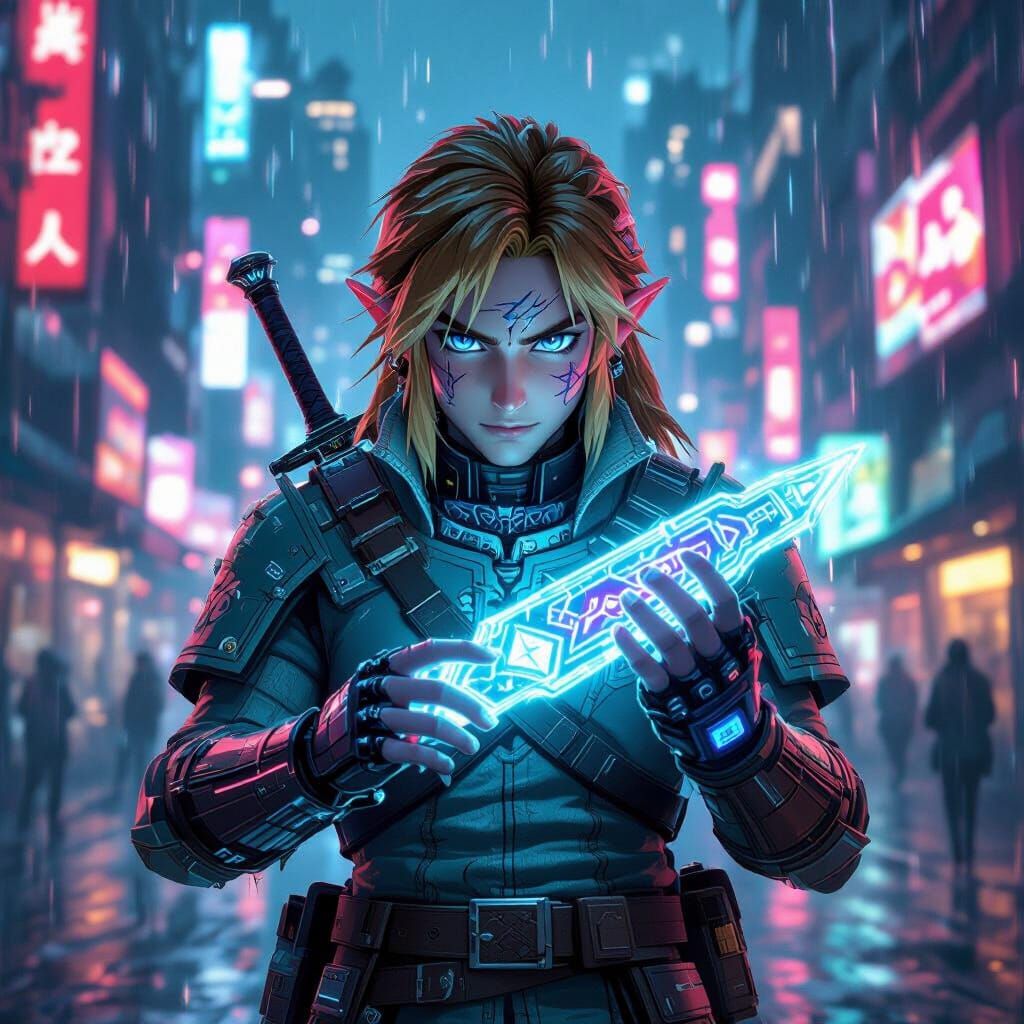 Cyberpunk Link Plays Ocarina in Neon City