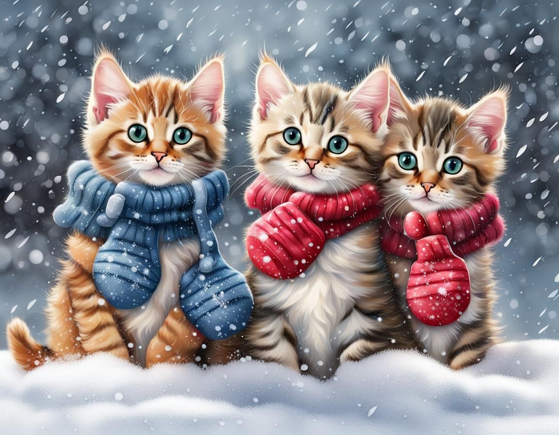 Kittens Play in Winter Snow