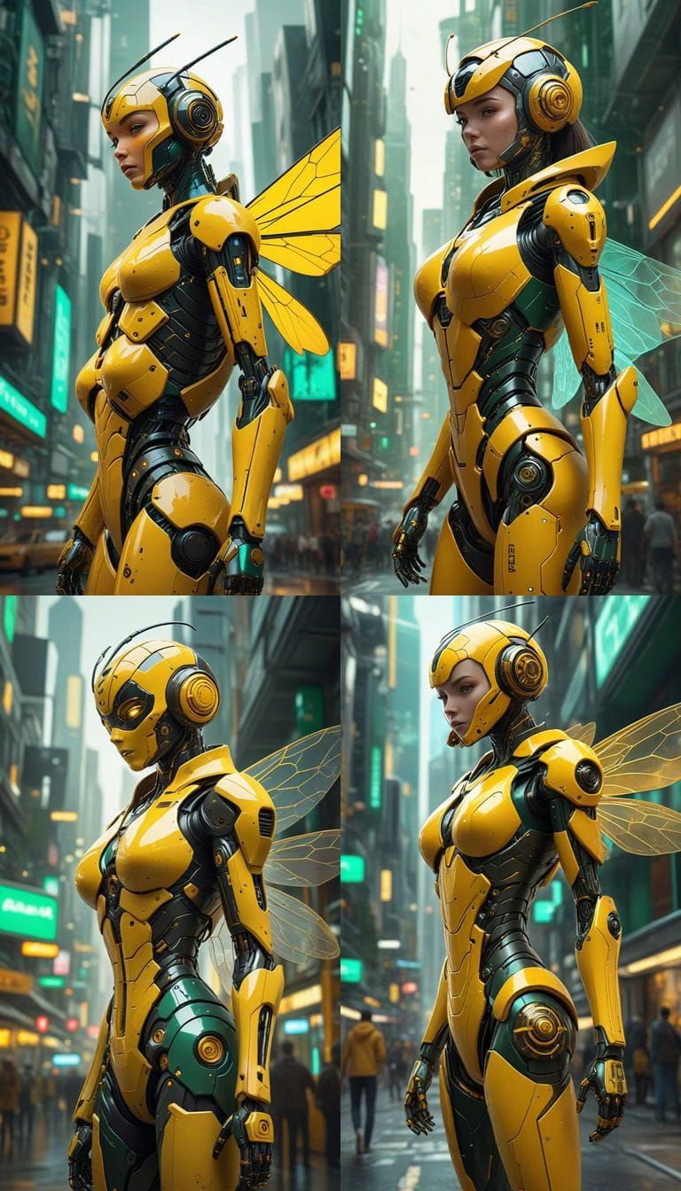 Calm Yellow Bee Robot in Futuristic Cityscape