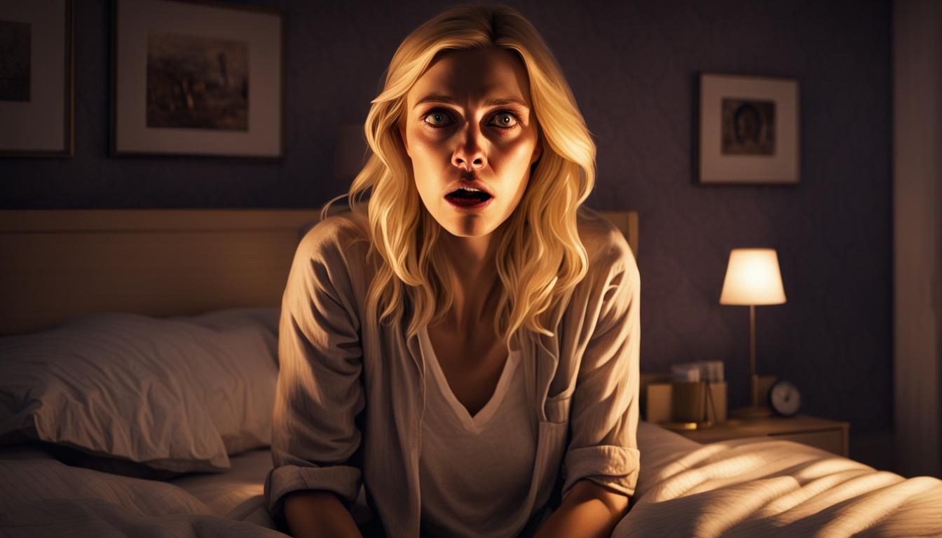 Startled Woman Awakes in Bedroom: Graffiti Art Style