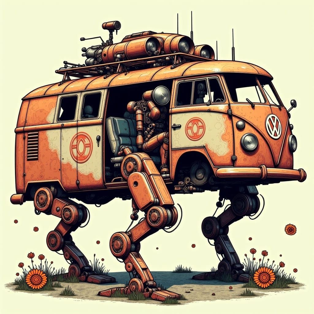 VW Van Robot Transformation with Falling Flowers