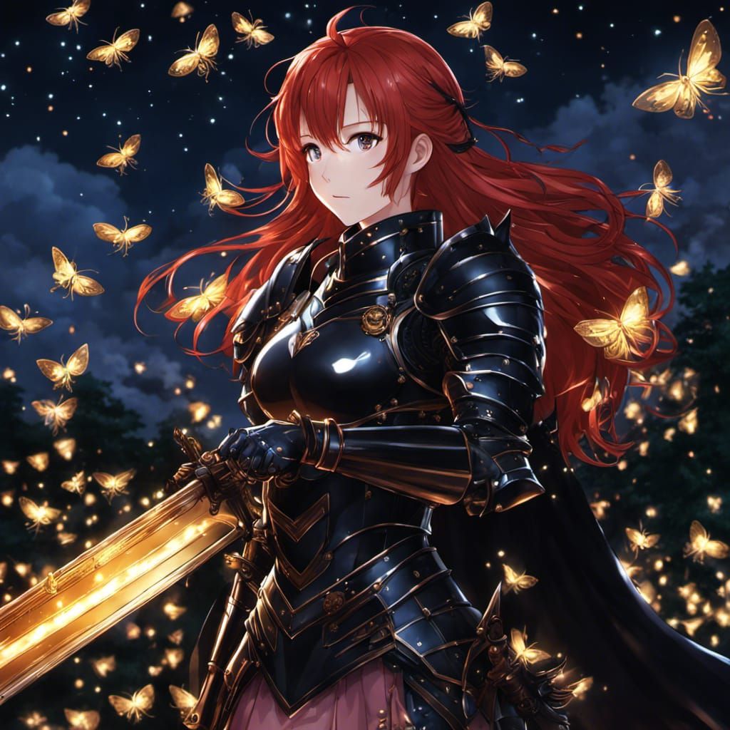 Red-Haired Knight Surrounded by Fireflies in Anime Style