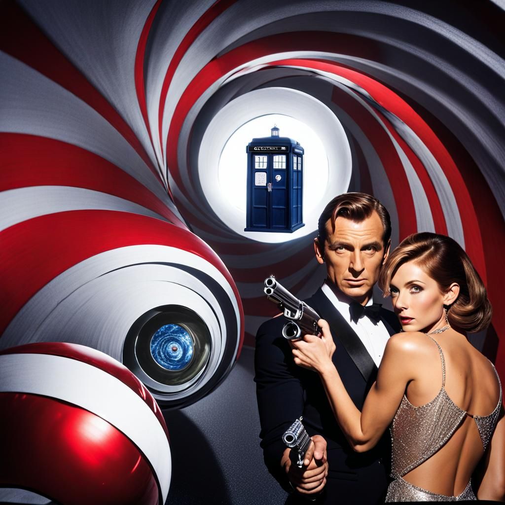 Dr Who TARDIS  chasing  007 James Bond down an  black and wh...