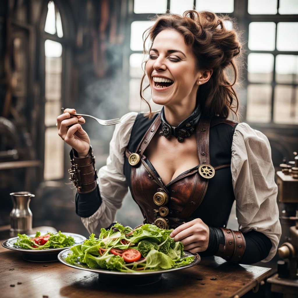 Woman Laughing Eating Salad with Steampunk Engine